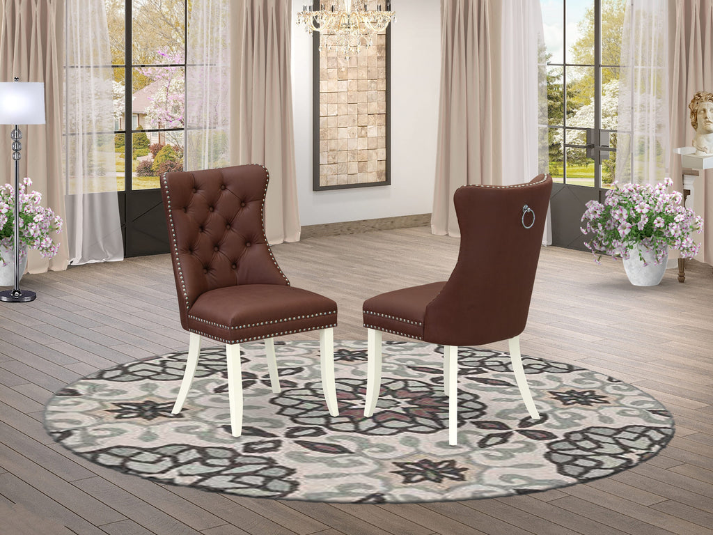 East West Furniture DAP2F26 Dallas Parson Dining Room Chairs - Button Tufted Nailhead Trim Burgundy faux Leather Padded Chairs, Set of 2, linen white