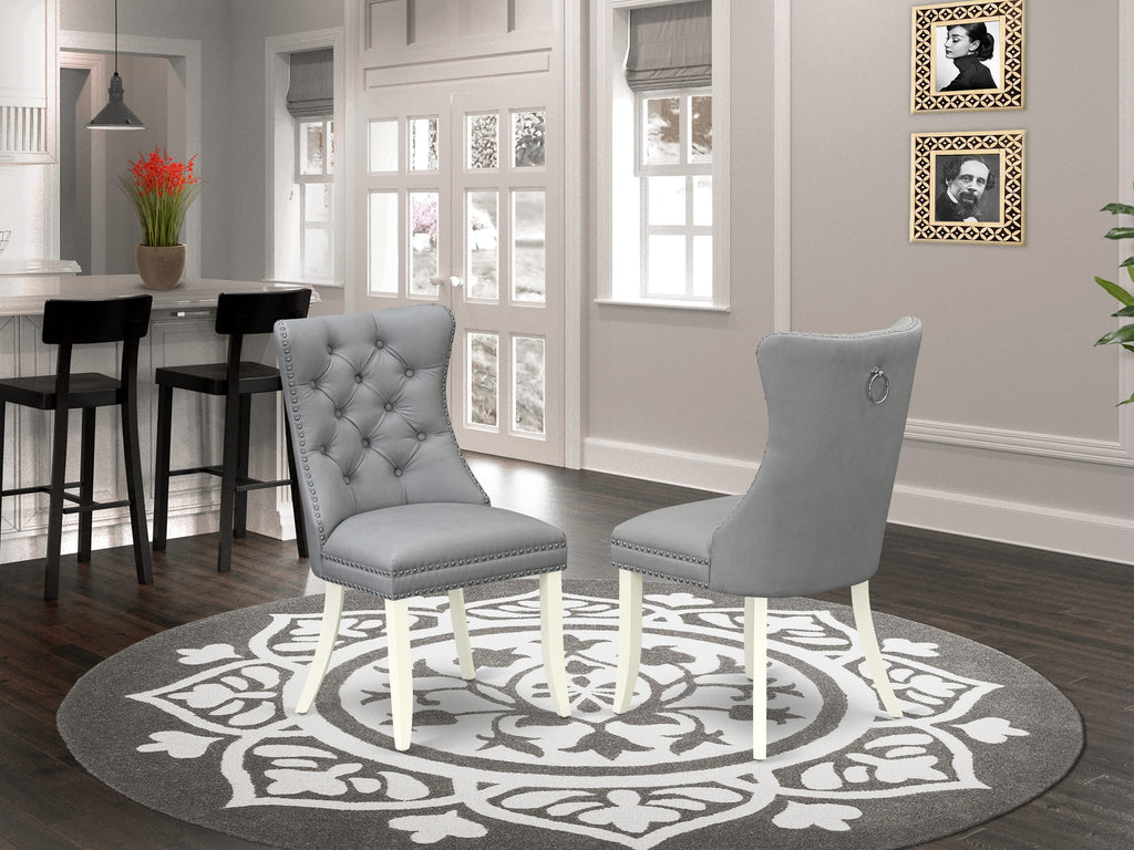 East West Furniture DAP2F27 Dallas Parson Dining Chairs - Button Tufted Nailhead Trim Light Gray faux Leather Padded Chairs, Set of 2, linen white