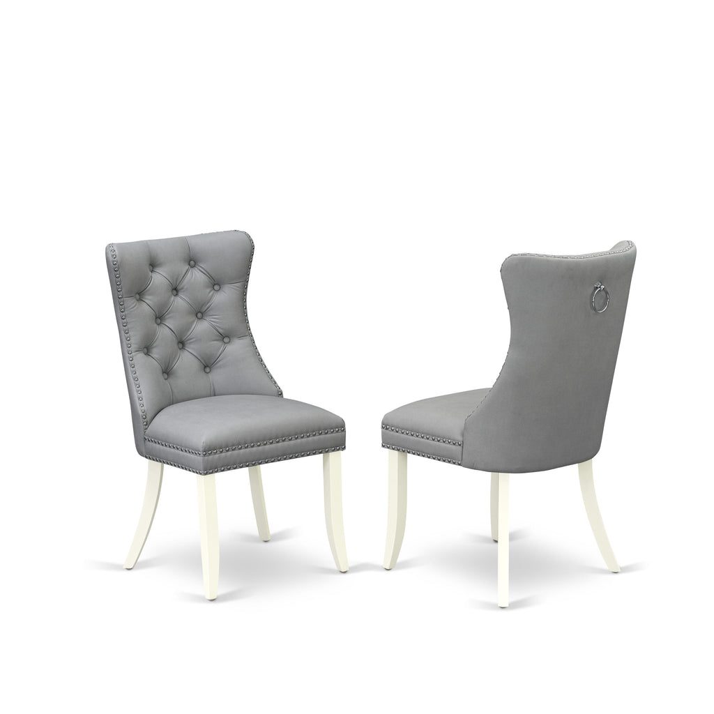 East West Furniture DAP2F27 Dallas Parson Dining Chairs - Button Tufted Nailhead Trim Light Gray faux Leather Padded Chairs, Set of 2, linen white