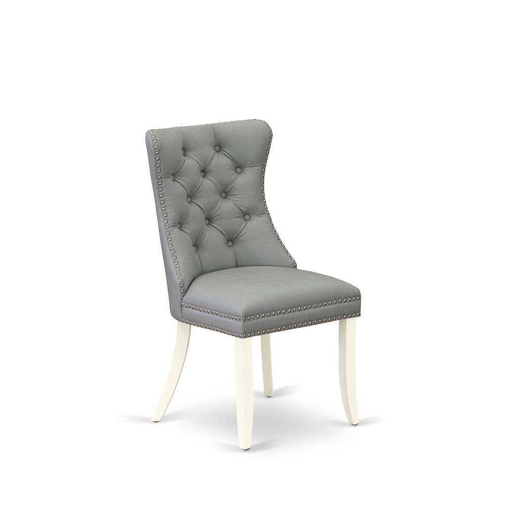 East West Furniture DAP2F27 Dallas Parson Dining Chairs - Button Tufted Nailhead Trim Light Gray faux Leather Padded Chairs, Set of 2, linen white