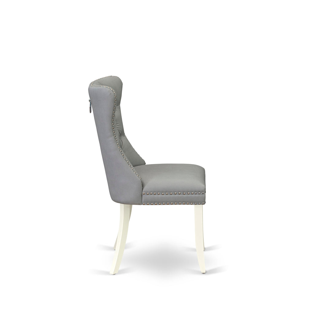 East West Furniture DAP2F27 Dallas Parson Dining Chairs - Button Tufted Nailhead Trim Light Gray faux Leather Padded Chairs, Set of 2, linen white