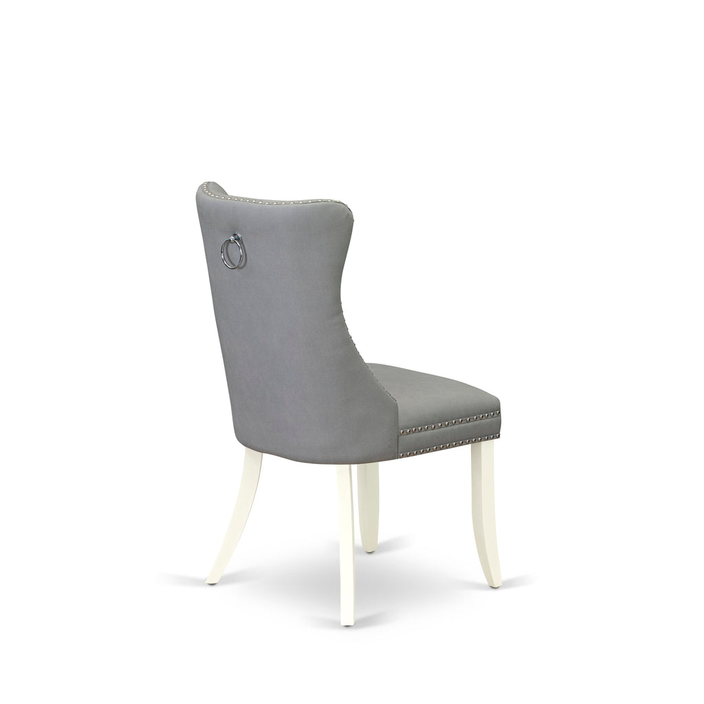 East West Furniture DAP2F27 Dallas Parson Dining Chairs - Button Tufted Nailhead Trim Light Gray faux Leather Padded Chairs, Set of 2, linen white
