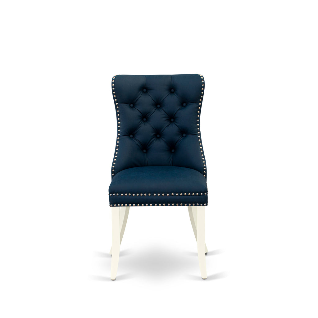 East West Furniture DAP2F29 Dallas Parson Chairs - Button Tufted Nailhead Trim Navy Blue faux Leather Padded Dining Chairs, Set of 2, linen white