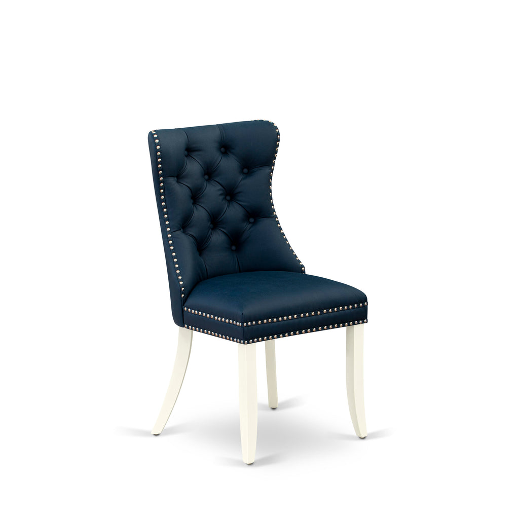 East West Furniture DAP2F29 Dallas Parson Chairs - Button Tufted Nailhead Trim Navy Blue faux Leather Padded Dining Chairs, Set of 2, linen white