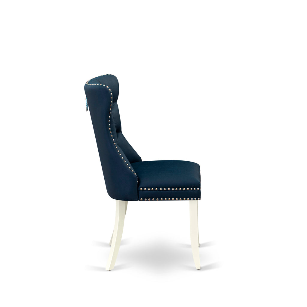 East West Furniture DAP2F29 Dallas Parson Chairs - Button Tufted Nailhead Trim Navy Blue faux Leather Padded Dining Chairs, Set of 2, linen white