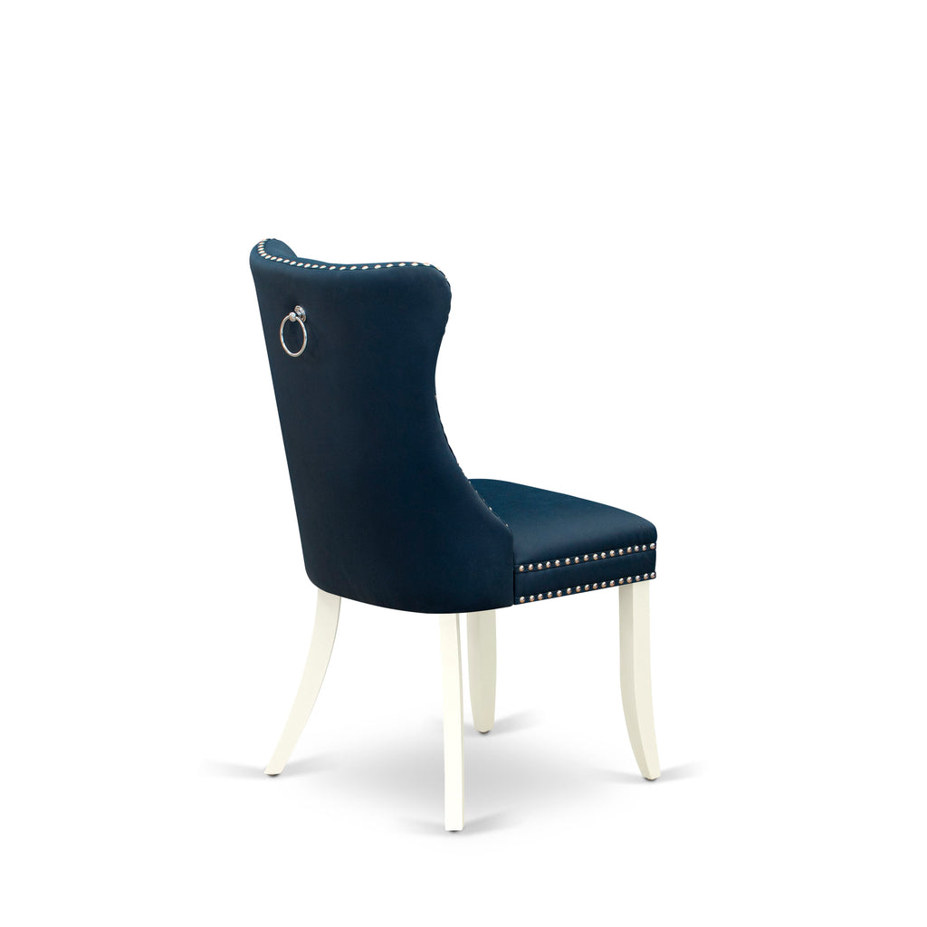 East West Furniture DAP2F29 Dallas Parson Chairs - Button Tufted Nailhead Trim Navy Blue faux Leather Padded Dining Chairs, Set of 2, linen white
