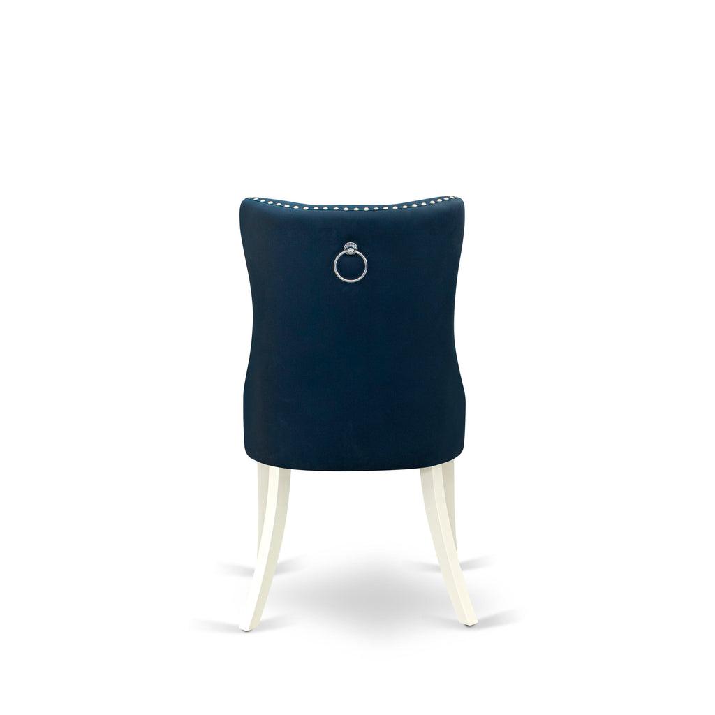 East West Furniture DAP2F29 Dallas Parson Chairs - Button Tufted Nailhead Trim Navy Blue faux Leather Padded Dining Chairs, Set of 2, linen white