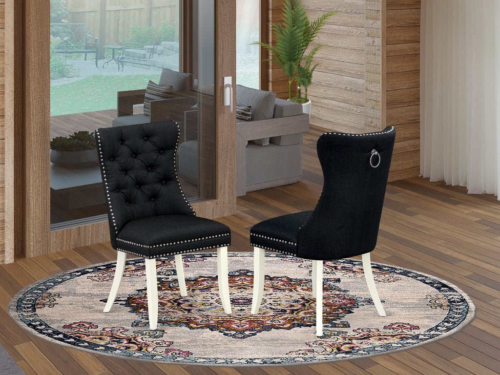 East West Furniture DAP2L24 Dallas Parson Dining Chairs - Button Tufted Nailhead Trim Black Linen Fabric Padded Chairs, Set of 2, linen white