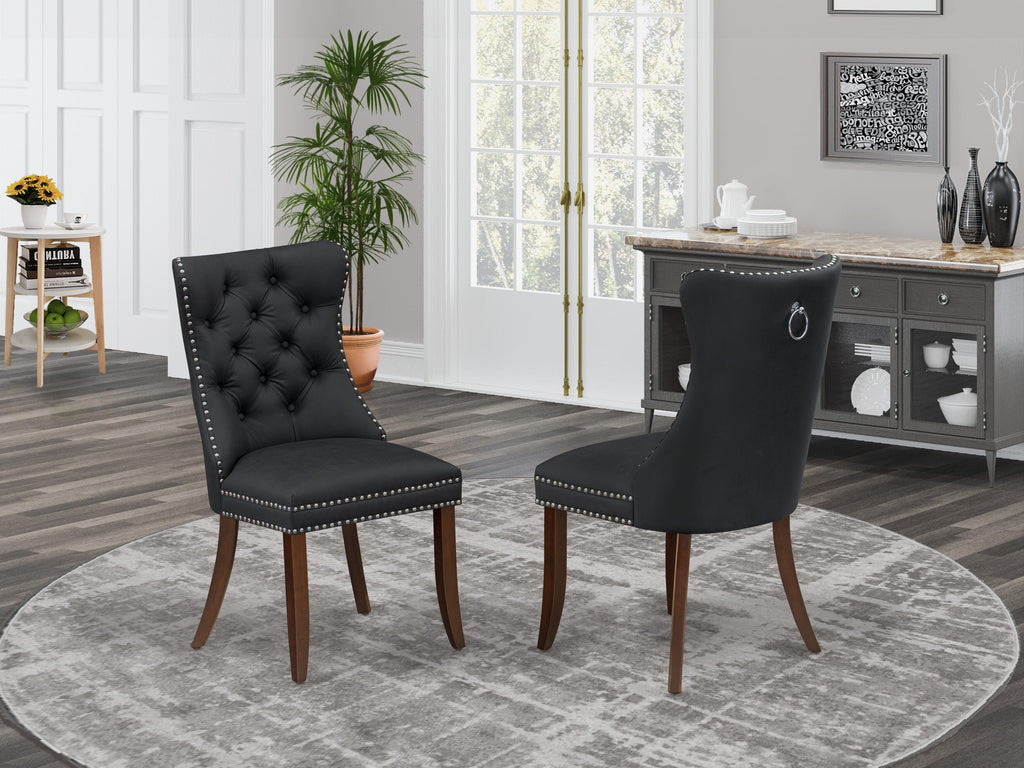 East West Furniture DAP3F12 Dallas Parson Dining Room Chairs - Button Tufted Nailhead Trim Dark Gray faux Leather Padded Chairs, Set of 2, Mahogany