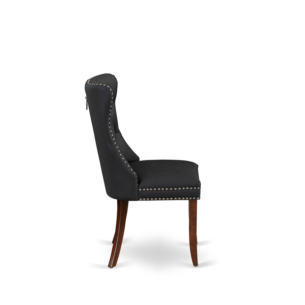 East West Furniture DAP3F12 Dallas Parson Dining Room Chairs - Button Tufted Nailhead Trim Dark Gray faux Leather Padded Chairs, Set of 2, Mahogany