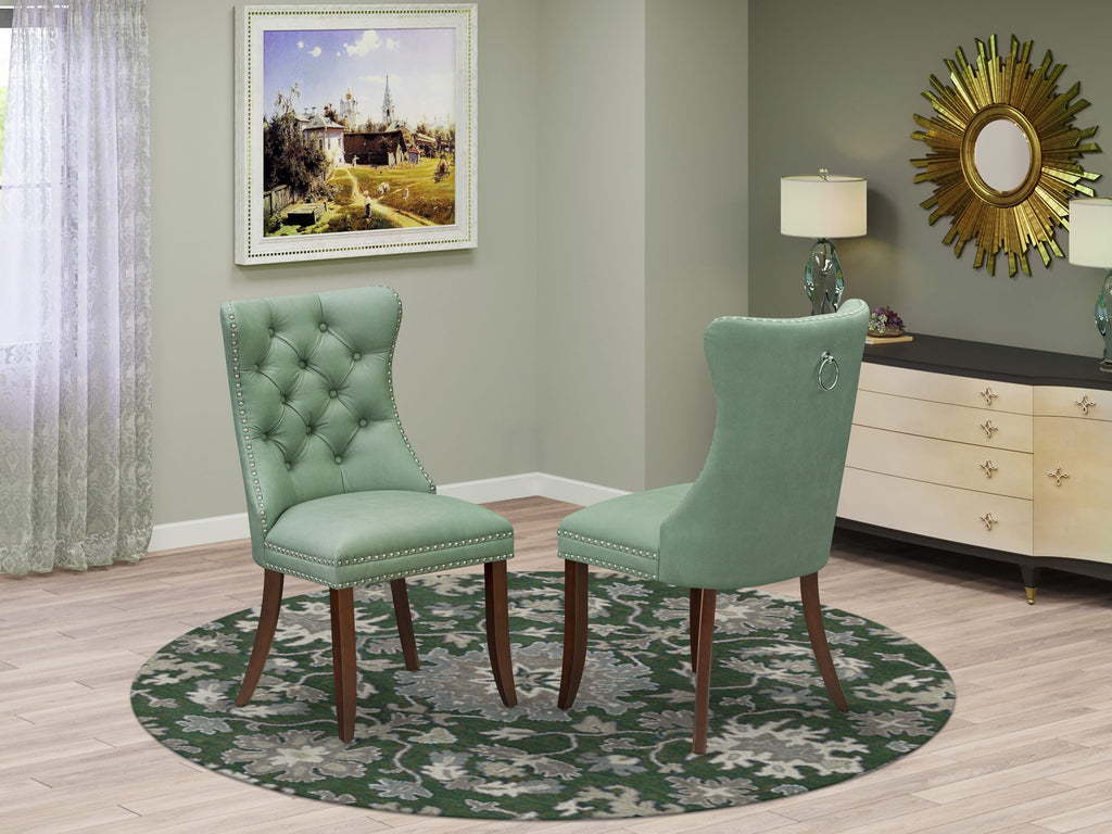 East West Furniture DAP3F22 Dallas Parsons Dining Chairs - Button Tufted Nailhead Trim Willow Green faux Leather Upholstered Chairs, Set of 2, Mahogany