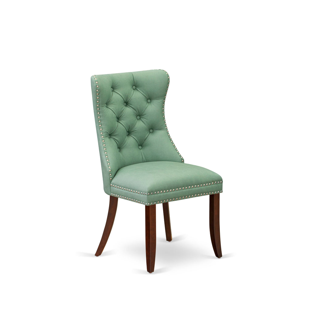 East West Furniture DAP3F22 Dallas Parsons Dining Chairs - Button Tufted Nailhead Trim Willow Green faux Leather Upholstered Chairs, Set of 2, Mahogany