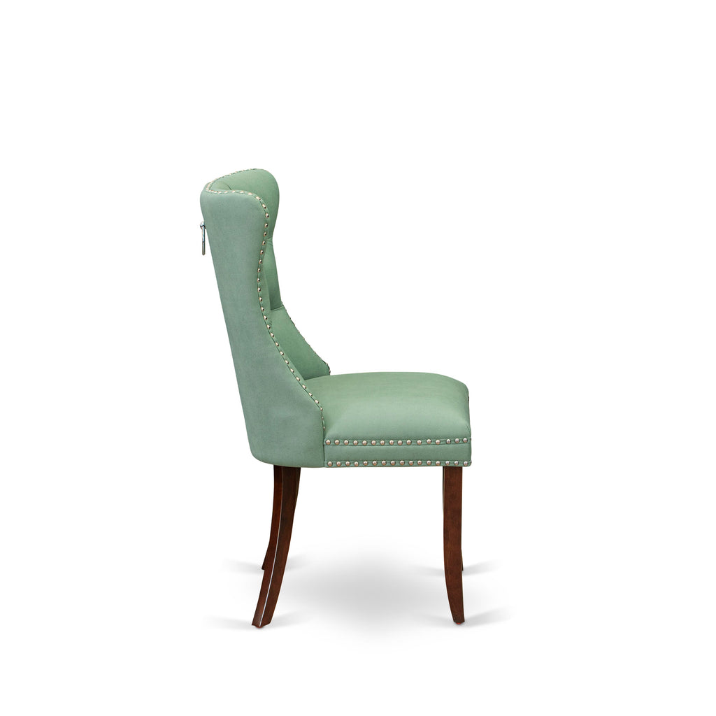East West Furniture DAP3F22 Dallas Parsons Dining Chairs - Button Tufted Nailhead Trim Willow Green faux Leather Upholstered Chairs, Set of 2, Mahogany