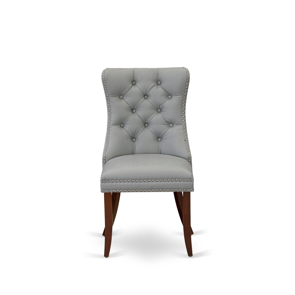 East West Furniture DAP3F27 Dallas Parson Dining Room Chairs - Button Tufted Nailhead Trim Light Gray faux Leather Upholstered Chairs, Set of 2, Mahogany