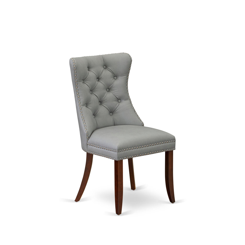 East West Furniture DAP3F27 Dallas Parson Dining Room Chairs - Button Tufted Nailhead Trim Light Gray faux Leather Upholstered Chairs, Set of 2, Mahogany