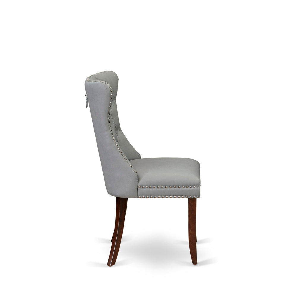East West Furniture DAP3F27 Dallas Parson Dining Room Chairs - Button Tufted Nailhead Trim Light Gray faux Leather Upholstered Chairs, Set of 2, Mahogany