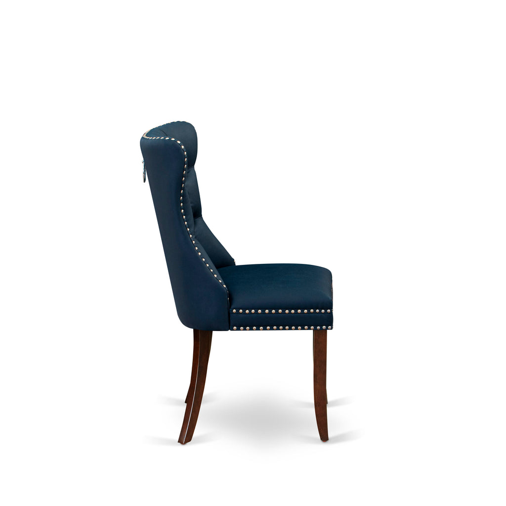 East West Furniture DAP3F29 Dallas Parsons Dining Chairs - Button Tufted Nailhead Trim Navy Blue faux Leather Upholstered Chairs, Set of 2, Mahogany