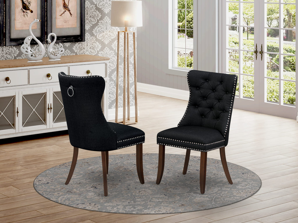 East West Furniture DAP3L24 Dallas Parson Chairs - Button Tufted Nailhead Trim Black Linen Fabric Padded Dining Chairs, Set of 2, Mahogany