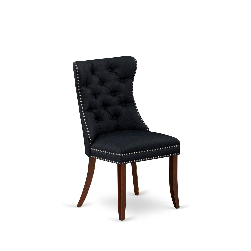 East West Furniture DAP3L24 Dallas Parson Chairs - Button Tufted Nailhead Trim Black Linen Fabric Padded Dining Chairs, Set of 2, Mahogany