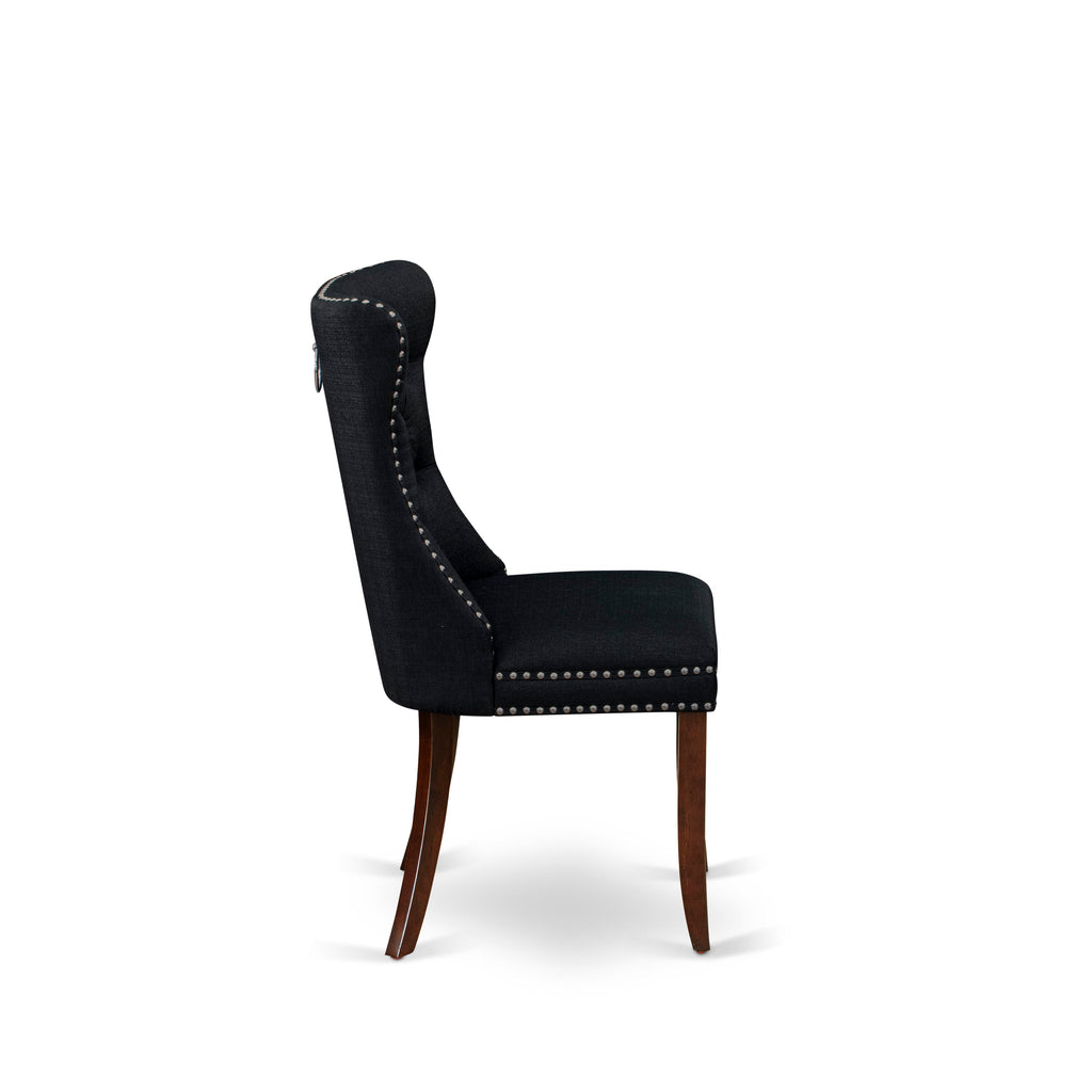 East West Furniture DAP3L24 Dallas Parson Chairs - Button Tufted Nailhead Trim Black Linen Fabric Padded Dining Chairs, Set of 2, Mahogany