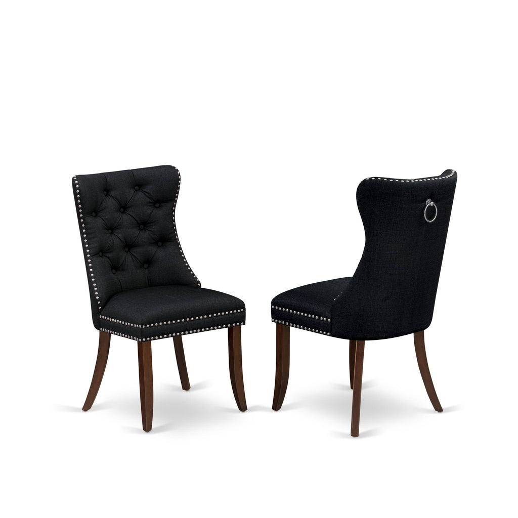 East West Furniture DAP3L24 Dallas Parson Chairs - Button Tufted Nailhead Trim Black Linen Fabric Padded Dining Chairs, Set of 2, Mahogany