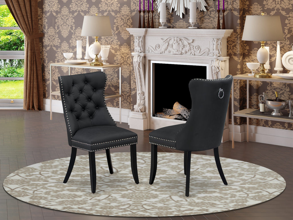 East West Furniture DAP6F12 Dallas Parsons Dining Chairs - Button Tufted Nailhead Trim Dark Gray faux Leather Upholstered Chairs, Set of 2, Wirebrushed Black