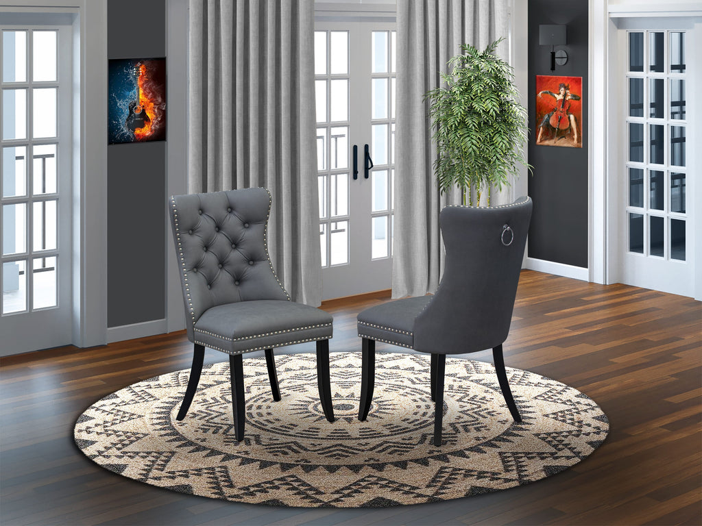 East West Furniture DAP6F13 Dallas Parsons Dining Chairs - Button Tufted Nailhead Trim Platinum Gray faux Leather Padded Chairs, Set of 2, Wirebrushed Black
