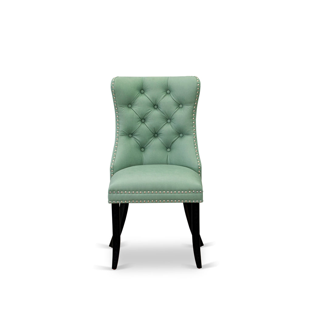 East West Furniture DAP6F22 Dallas Parson Dining Room Chairs - Button Tufted Nailhead Trim Willow Green faux Leather Padded Chairs, Set of 2, Wirebrushed Black