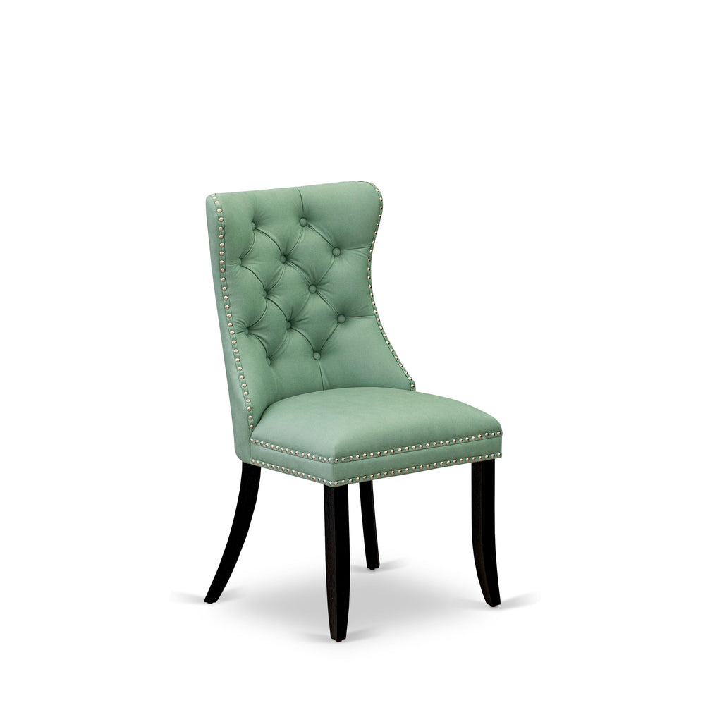 East West Furniture DAP6F22 Dallas Parson Dining Room Chairs - Button Tufted Nailhead Trim Willow Green faux Leather Padded Chairs, Set of 2, Wirebrushed Black