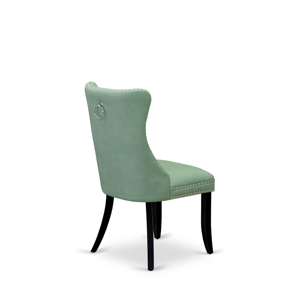 East West Furniture DAP6F22 Dallas Parson Dining Room Chairs - Button Tufted Nailhead Trim Willow Green faux Leather Padded Chairs, Set of 2, Wirebrushed Black