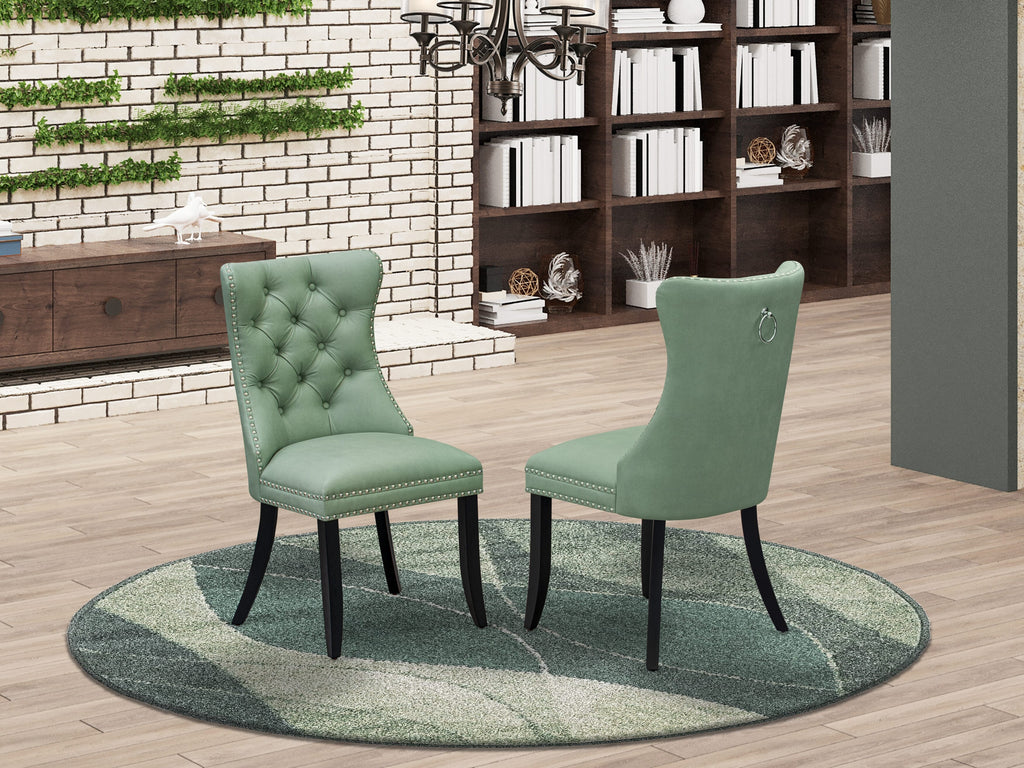 East West Furniture DAP6F22 Dallas Parson Dining Room Chairs - Button Tufted Nailhead Trim Willow Green faux Leather Padded Chairs, Set of 2, Wirebrushed Black
