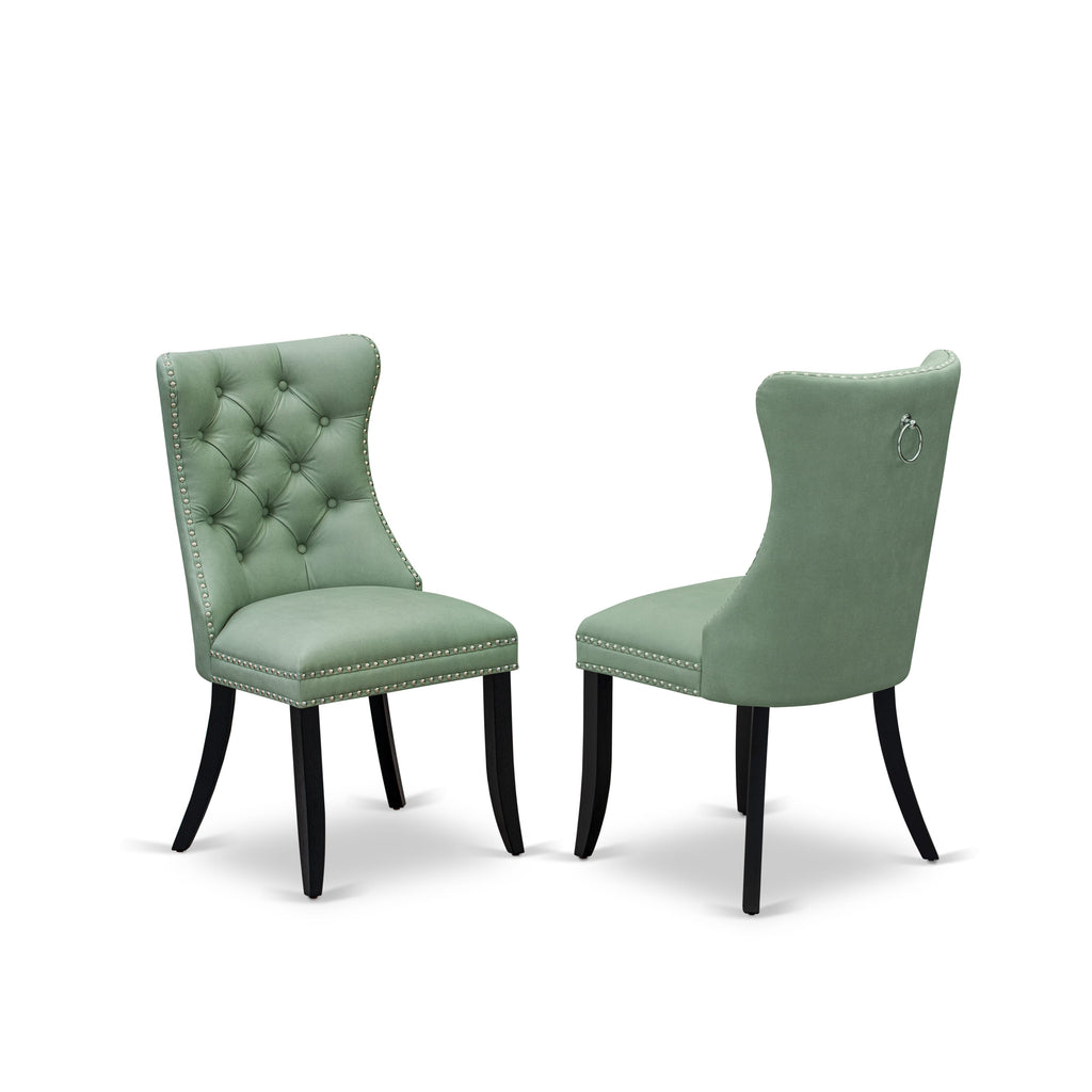 East West Furniture DAP6F22 Dallas Parson Dining Room Chairs - Button Tufted Nailhead Trim Willow Green faux Leather Padded Chairs, Set of 2, Wirebrushed Black