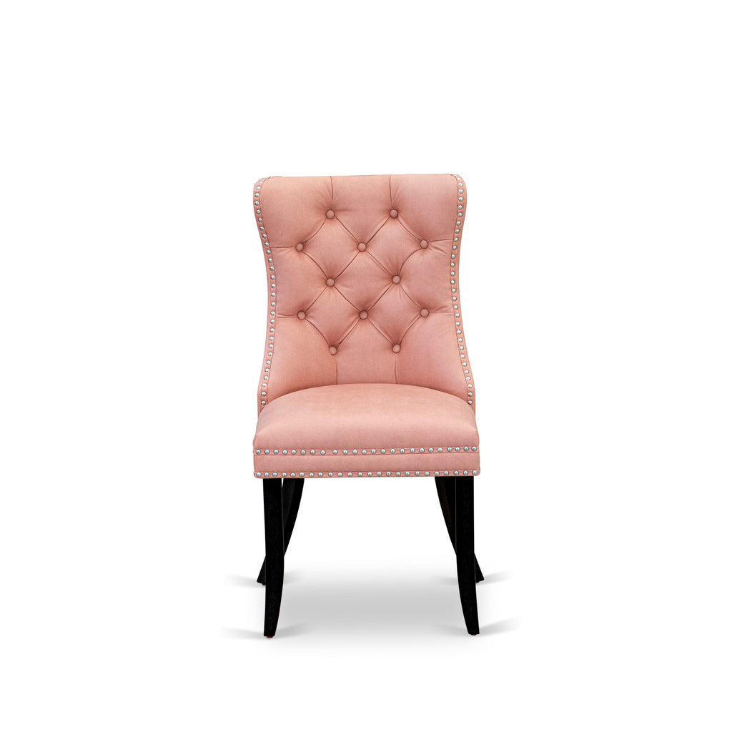 East West Furniture DAP6F23 Dallas Parson Kitchen Chairs - Button Tufted Nailhead Trim Beige Red faux Leather Padded Dining Chairs, Set of 2, Wirebrushed Black