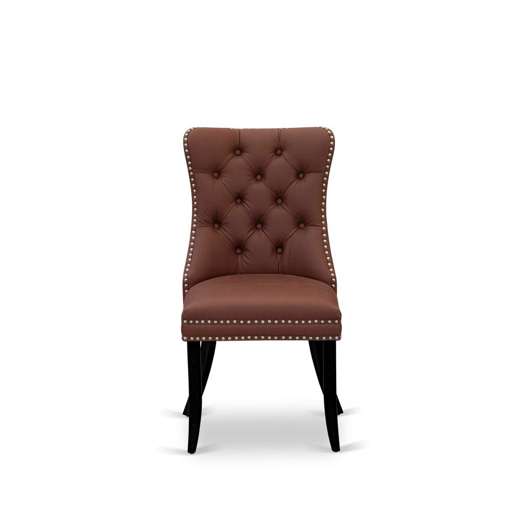 East West Furniture DAP6F26 Dallas Parson Dining Room Chairs - Button Tufted Nailhead Trim Burgundy faux Leather Padded Chairs, Set of 2, Wirebrushed Black