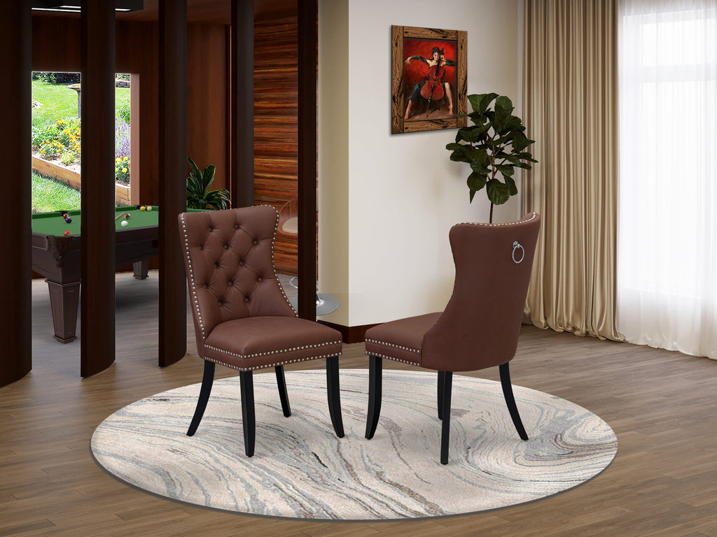 East West Furniture DAP6F26 Dallas Parson Dining Room Chairs - Button Tufted Nailhead Trim Burgundy faux Leather Padded Chairs, Set of 2, Wirebrushed Black