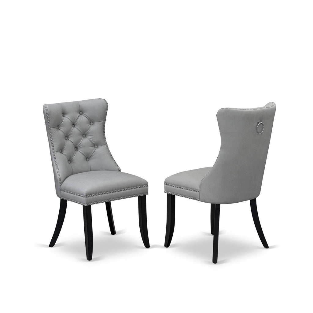 East West Furniture DAP6F27 Dallas Parson Dining Room Chairs - Button Tufted Nailhead Trim Light Gray faux Leather Padded Chairs, Set of 2, Wirebrushed Black