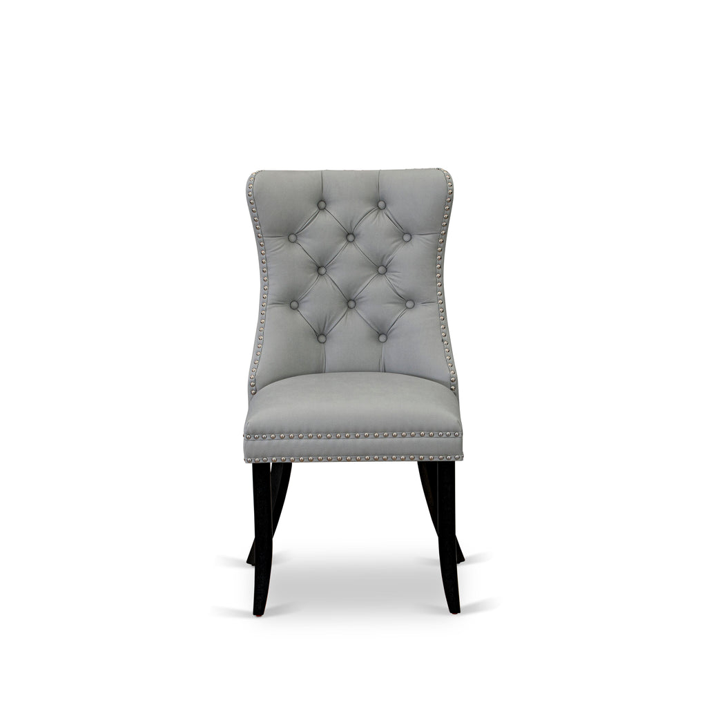 East West Furniture DAP6F27 Dallas Parson Dining Room Chairs - Button Tufted Nailhead Trim Light Gray faux Leather Padded Chairs, Set of 2, Wirebrushed Black