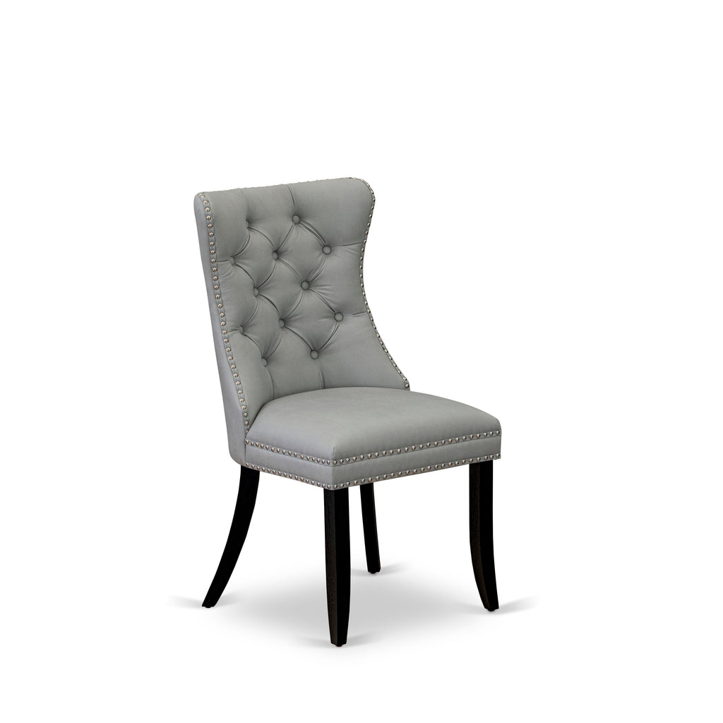 East West Furniture DAP6F27 Dallas Parson Dining Room Chairs - Button Tufted Nailhead Trim Light Gray faux Leather Padded Chairs, Set of 2, Wirebrushed Black