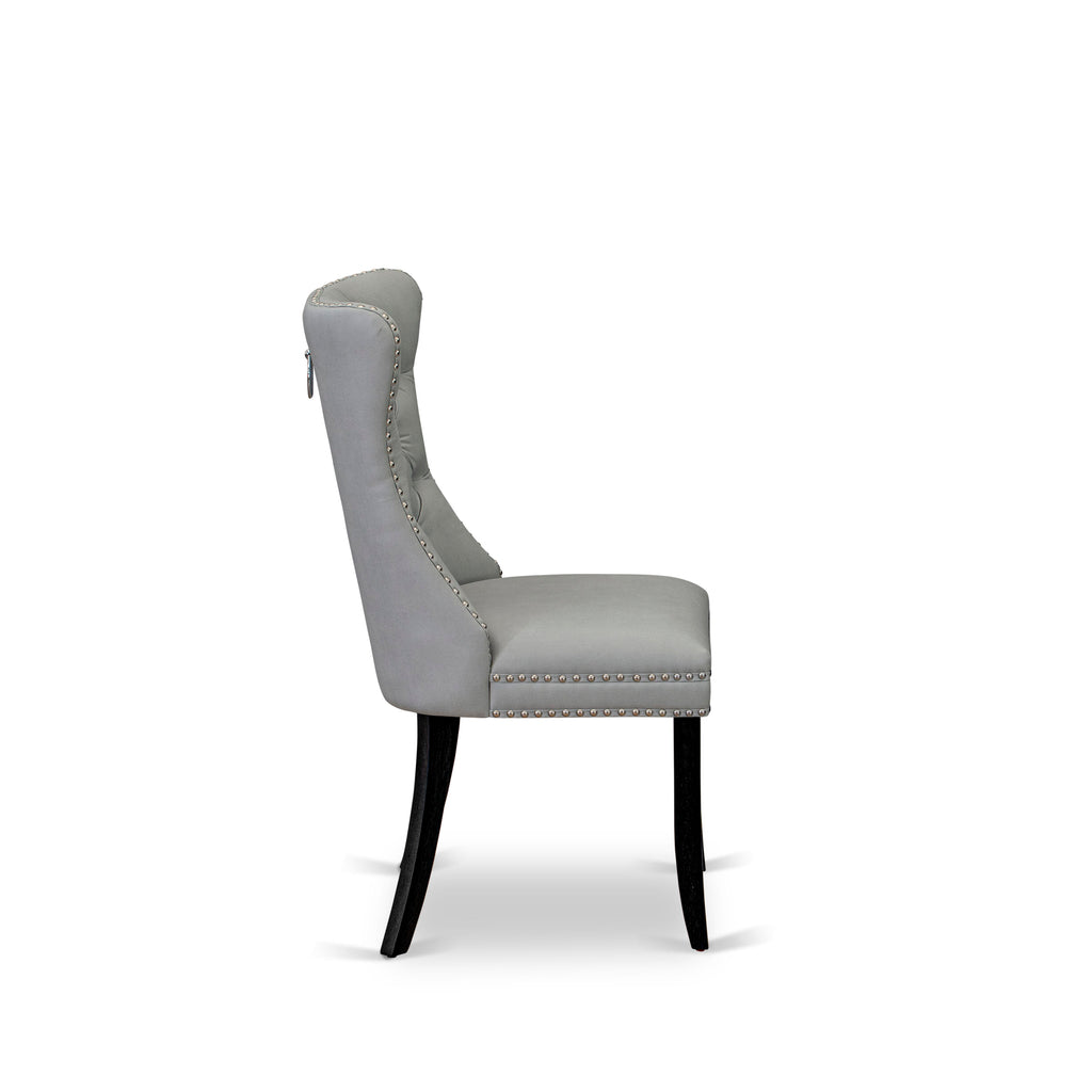 East West Furniture DAP6F27 Dallas Parson Dining Room Chairs - Button Tufted Nailhead Trim Light Gray faux Leather Padded Chairs, Set of 2, Wirebrushed Black