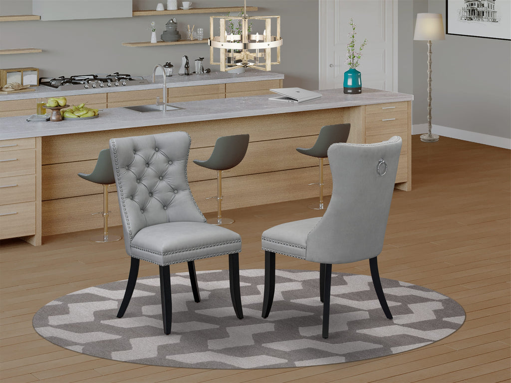 East West Furniture DAP6F27 Dallas Parson Dining Room Chairs - Button Tufted Nailhead Trim Light Gray faux Leather Padded Chairs, Set of 2, Wirebrushed Black