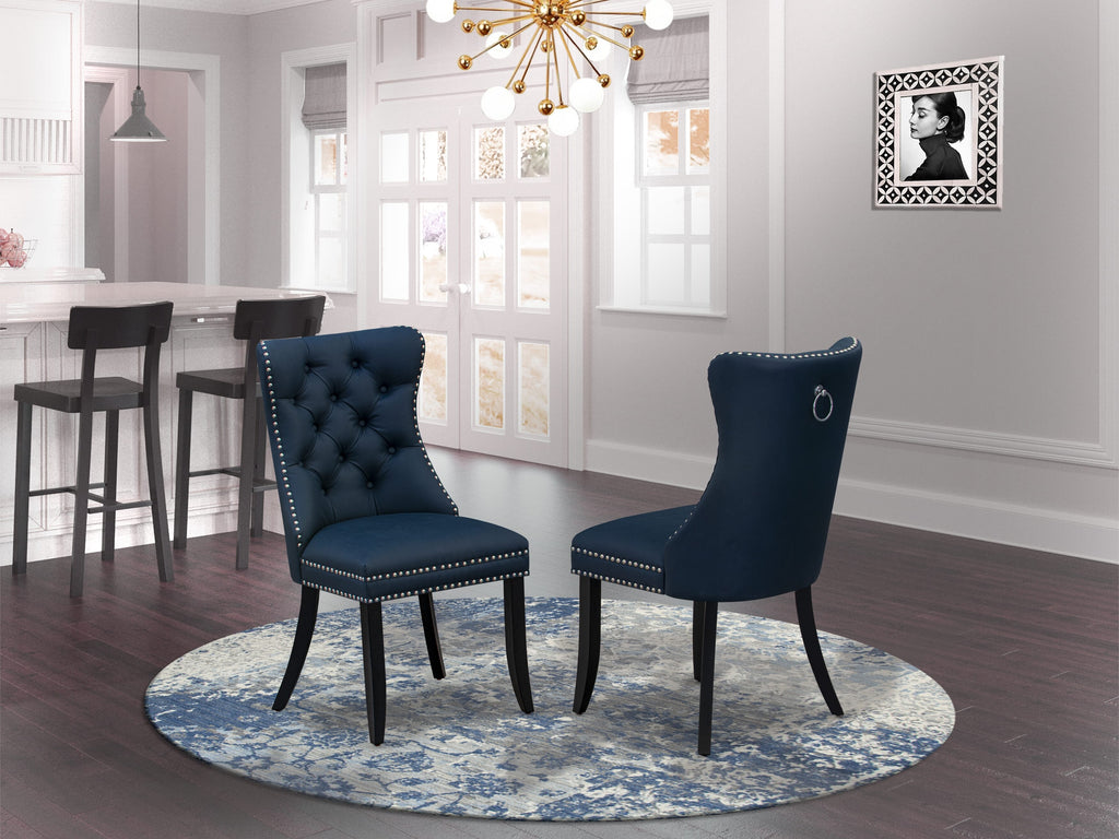 East West Furniture DAP6F29 Dallas Parson Kitchen Chairs - Button Tufted Nailhead Trim Navy Blue faux Leather Padded Dining Chairs, Set of 2, Wirebrushed Black