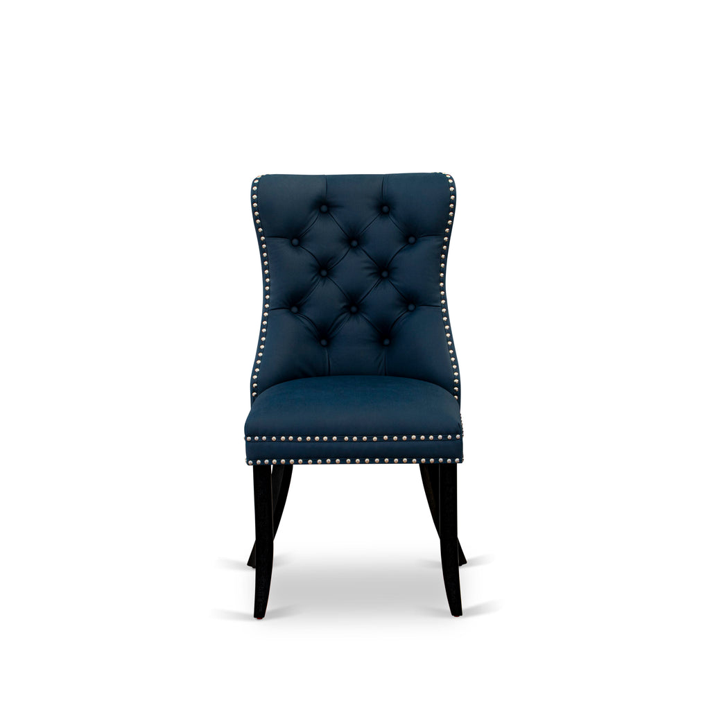 East West Furniture DAP6F29 Dallas Parson Kitchen Chairs - Button Tufted Nailhead Trim Navy Blue faux Leather Padded Dining Chairs, Set of 2, Wirebrushed Black