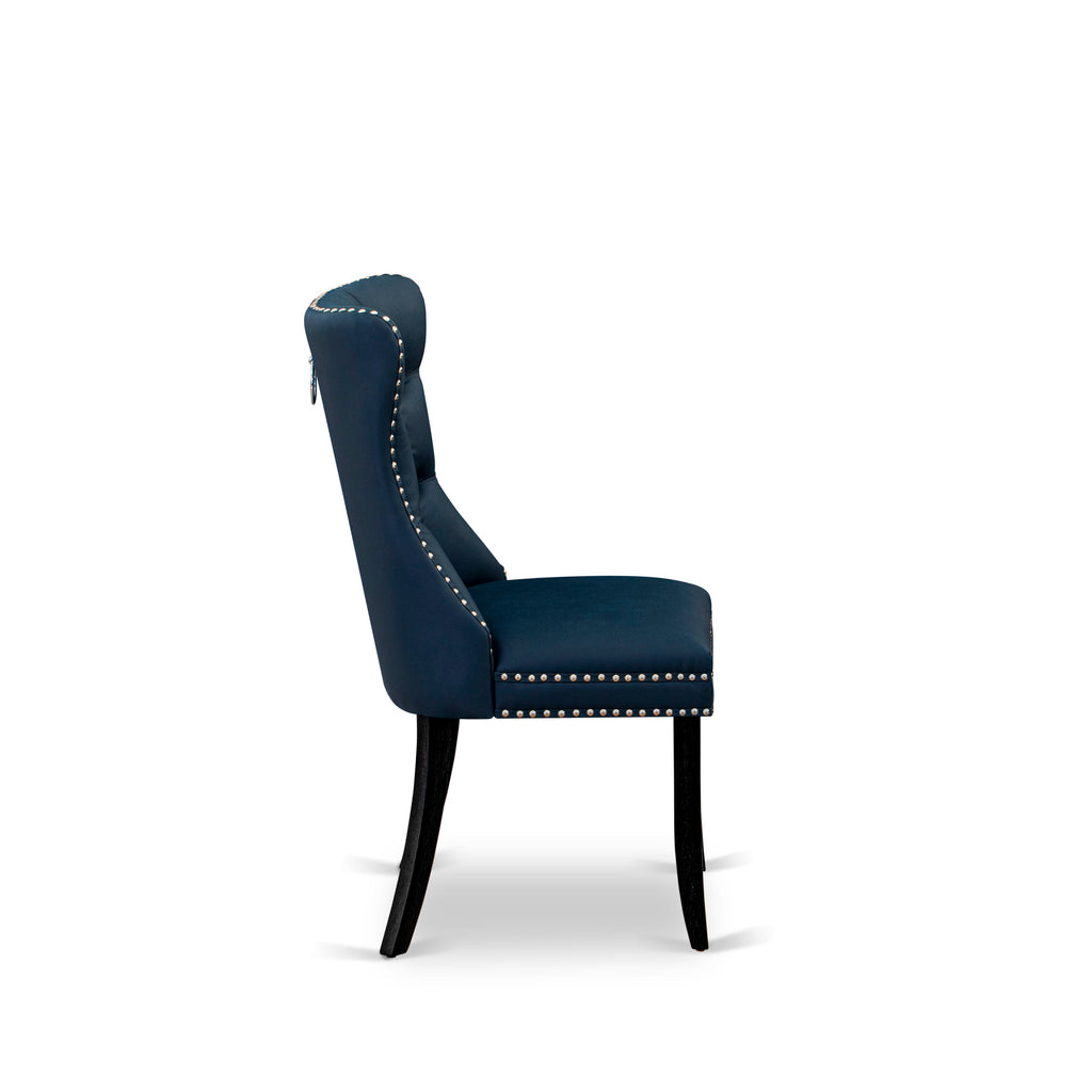 East West Furniture DAP6F29 Dallas Parson Kitchen Chairs - Button Tufted Nailhead Trim Navy Blue faux Leather Padded Dining Chairs, Set of 2, Wirebrushed Black