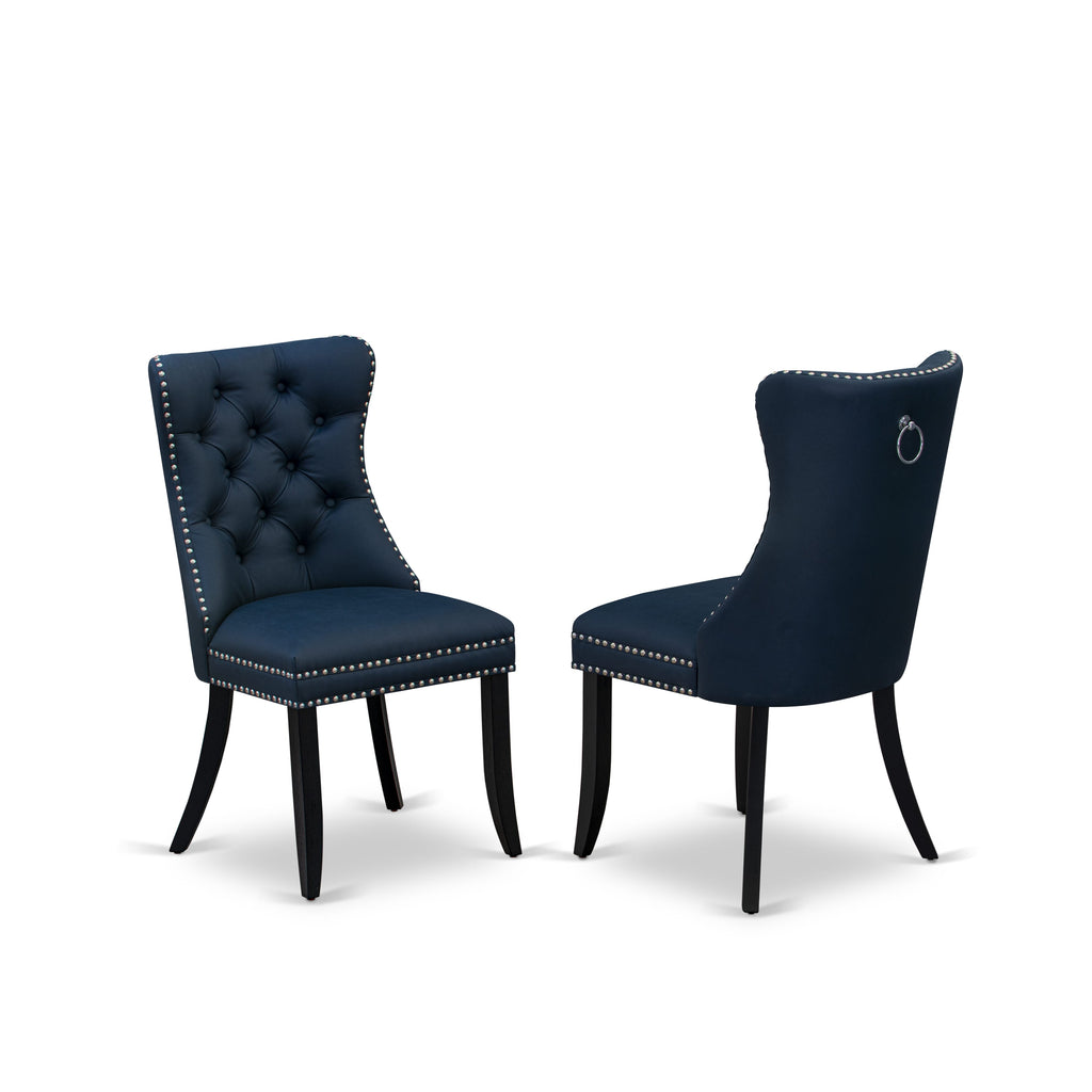East West Furniture DAP6F29 Dallas Parson Kitchen Chairs - Button Tufted Nailhead Trim Navy Blue faux Leather Padded Dining Chairs, Set of 2, Wirebrushed Black