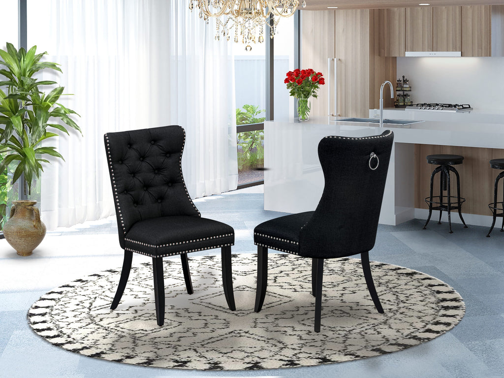 East West Furniture DAP6L24 Dallas Parson Kitchen Chairs - Button Tufted Nailhead Trim Black Linen Fabric Upholstered Dining Chairs, Set of 2, Wirebrushed Black