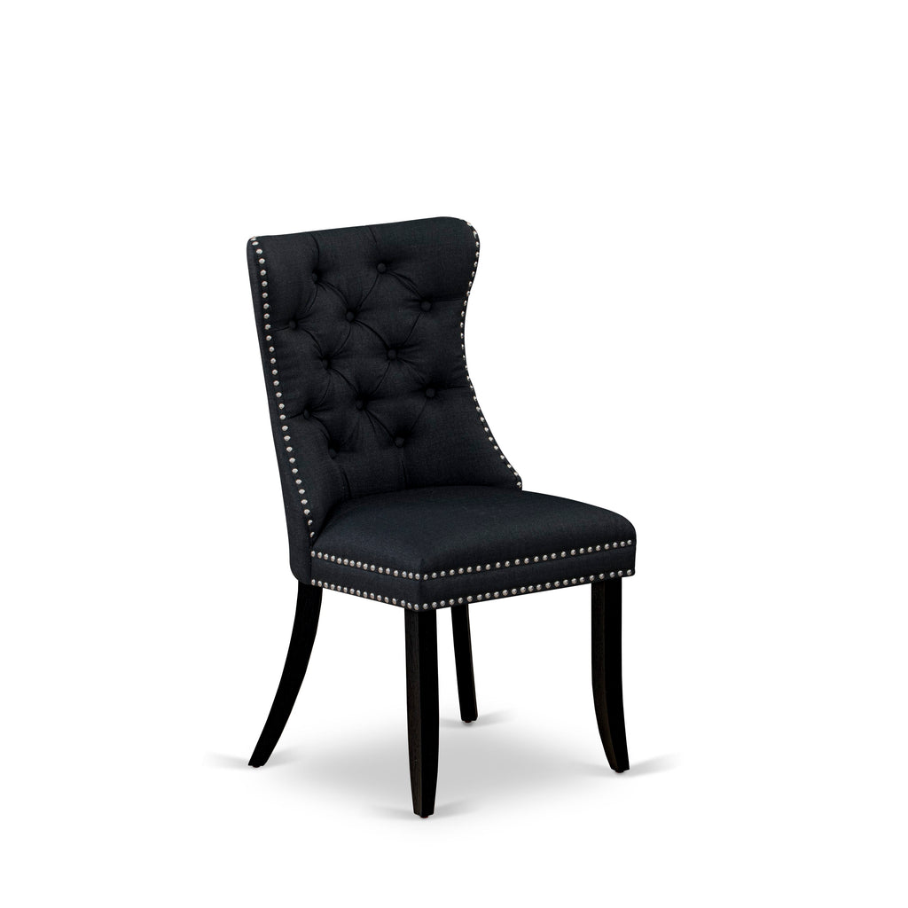 East West Furniture DAP6L24 Dallas Parson Kitchen Chairs - Button Tufted Nailhead Trim Black Linen Fabric Upholstered Dining Chairs, Set of 2, Wirebrushed Black