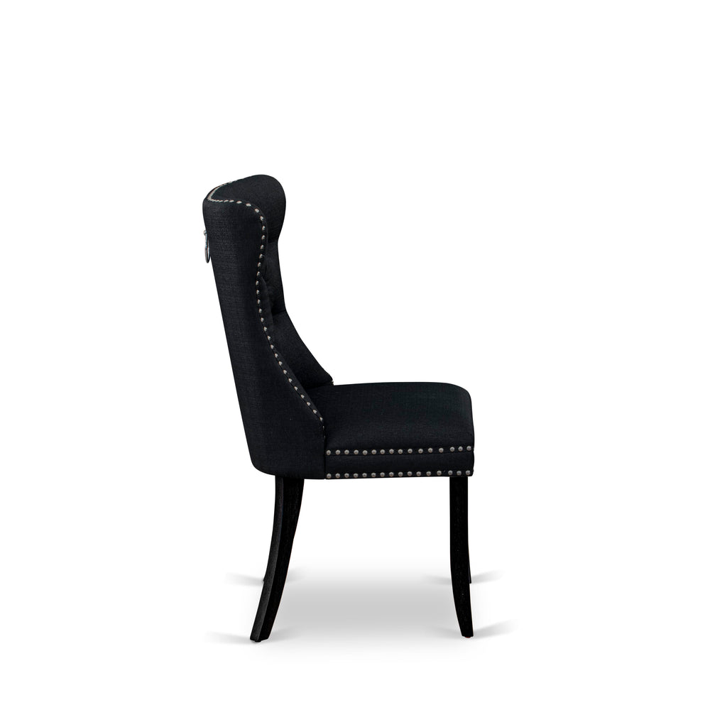 East West Furniture DAP6L24 Dallas Parson Kitchen Chairs - Button Tufted Nailhead Trim Black Linen Fabric Upholstered Dining Chairs, Set of 2, Wirebrushed Black