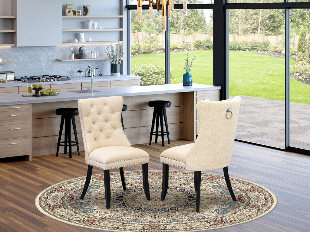 East West Furniture DAP6L32 Dallas Parson Chairs - Button Tufted Nailhead Trim Light Beige Linen Fabric Padded Dining Chairs, Set of 2, Wirebrushed Black