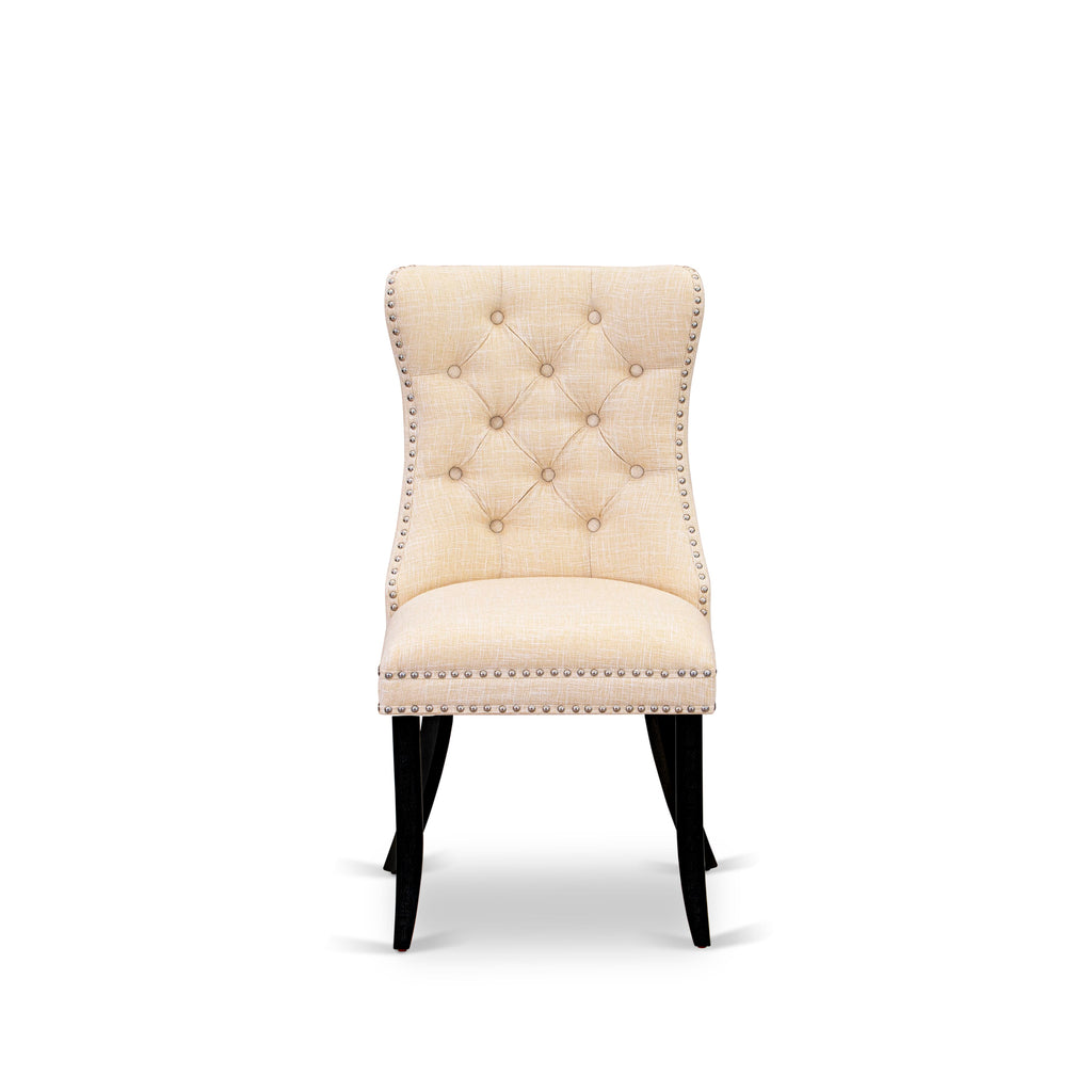 East West Furniture DAP6L32 Dallas Parson Chairs - Button Tufted Nailhead Trim Light Beige Linen Fabric Padded Dining Chairs, Set of 2, Wirebrushed Black