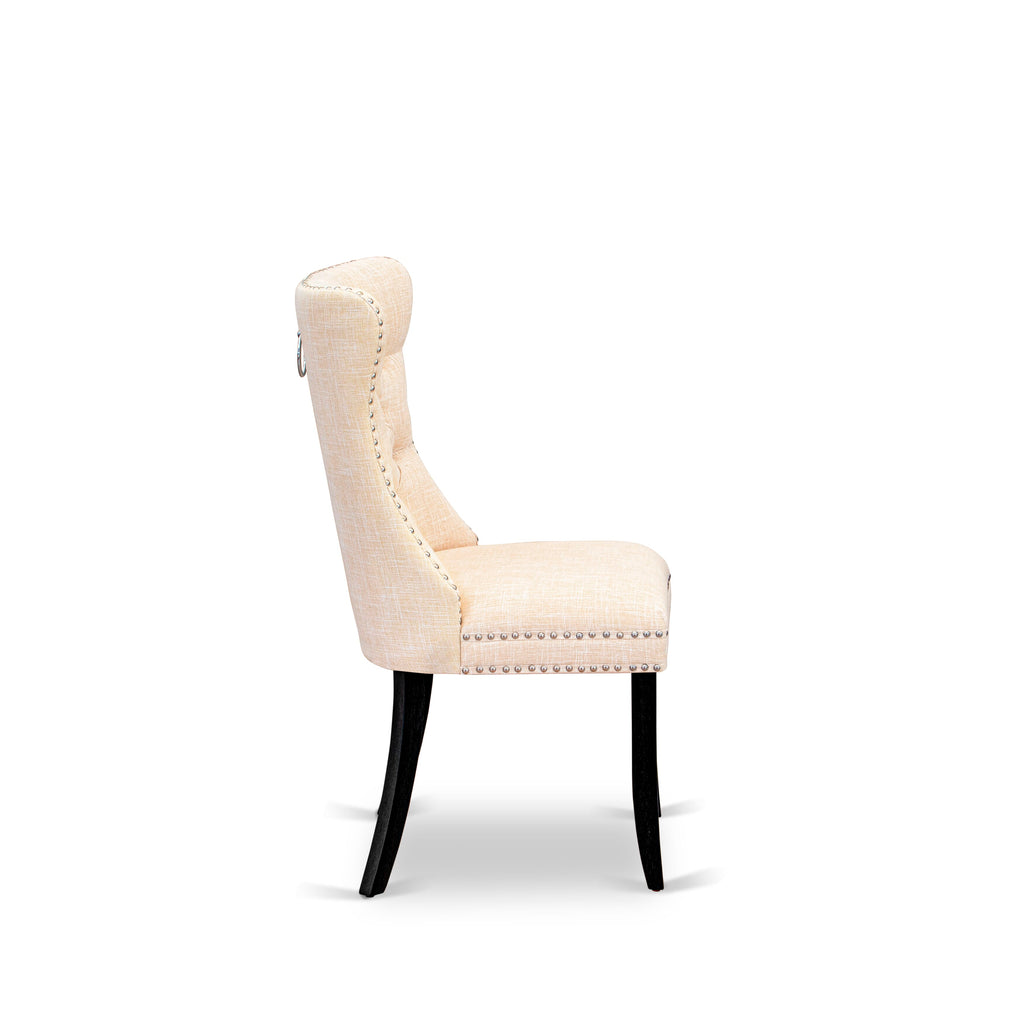 East West Furniture DAP6L32 Dallas Parson Chairs - Button Tufted Nailhead Trim Light Beige Linen Fabric Padded Dining Chairs, Set of 2, Wirebrushed Black